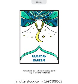 Greeting card decorated for Ramadan 
and Eid Mubarak celebrations. Editable template to any media such poster , banner , flyer. Ready to use Vector Illustration EPS 10