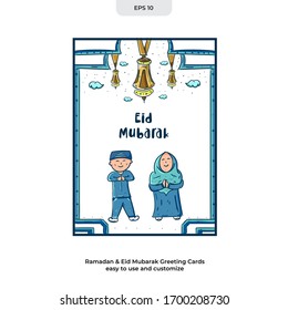 Greeting card decorated for Ramadan 
and Eid Mubarak celebrations. Cartoon sketch hand drawn style with cute character, Editable template to any media. Ready to use Vector Illustration EPS 10