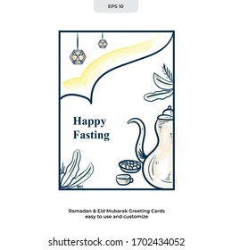 Greeting card decorated for Ramadan 
and Eid Mubarak celebrations. Cartoon sketch hand drawn style, Editable template to any media. Ready to use Vector Illustration EPS 10
