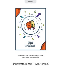 Greeting card decorated for Ramadan 
and Eid Mubarak celebrations. Cartoon sketch hand drawn style, Editable template to any media. Ready to use Vector Illustration EPS 10
