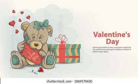 Greeting card for decoration design, Valentines day, in the style of childrens Doodle, toy Teddy bear girl sitting next to the gift and holding the inscription I love you
