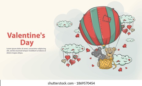 Greeting card for decoration design, Valentines day, in the style of childrens Doodle, toy Teddy bears fly in a balloon among the clouds