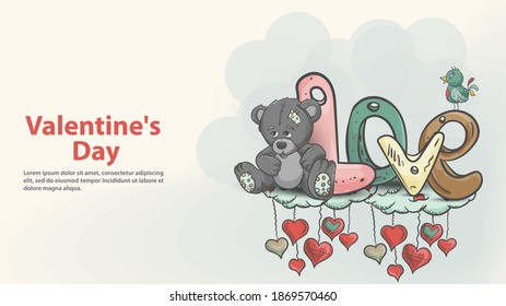 Greeting card, for decoration design, Valentines day, in the style of childrens Doodle, toy Teddy bear boy sitting on a cloud leaning on the inscription love