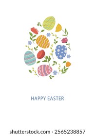 Greeting card with decorative colorful easter eggs on white background. Vector illustration for poster, invitation, card or fabric