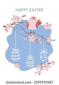 Greeting card with decorative Easter eggs on a branch of blossoming cherry with a funny bird on a white background. Vector illustration for poster, invitation, card or fabric