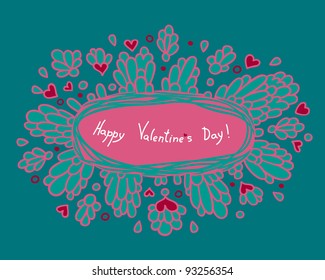 greeting card with decorative field for the text pattern of the petals and hearts in the background