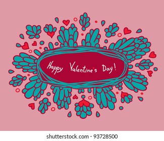 Greeting card with decorative field for the text pattern of the petals and hearts in the background