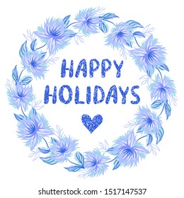 Greeting card with decorative floral wreath background and inscription 'Happy holidays' vector illustration