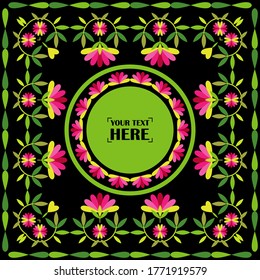 Greeting card with decorative flowers. Colorful Mexican traditional textile. Ethnic boho ornament. Vector illustration for web design or print.