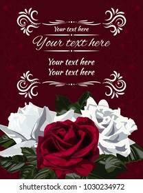 Greeting card with decorative frame and flowers. White and red rose blossom.