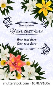 Greeting card with decorative frame and flowers. Narcissus and lilies.