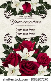 Greeting card with decorative frame and flowers. Red rose and white lilies.