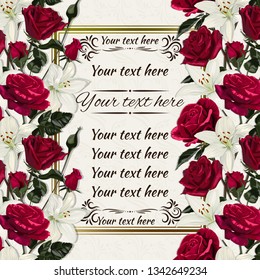 Greeting card with decorative frame and flowers. Red rose and white lilies.