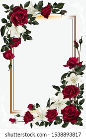 Greeting card with decorative frame and flowers. Red rose and white lilies.