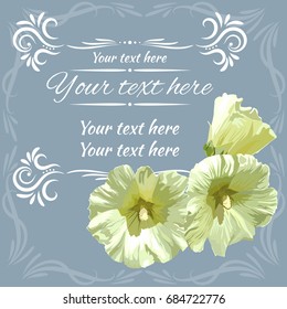 Greeting card with decorative frame and flowers. White mallow on a blue background.