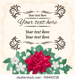 Greeting card with decorative frame and flowers. Red rose, white geraniums and gypsophila.