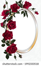 Greeting card with decorative oval frame and red rose flowers.