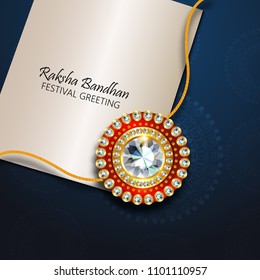 Greeting card with decorative Rakhi for Raksha Bandhan, Indian festival for brother and sister bonding celebration.