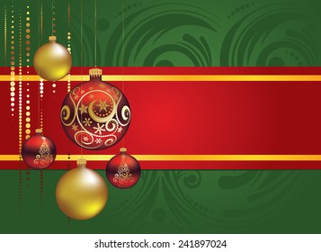 Greeting card with decorative red and gold Christmas balls ornaments.