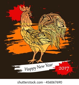 Greeting card with a decorative rooster - a symbol of 2017. Decorative cock on background of blots. Vector illustration.