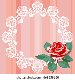 Greeting card with decorative round frame and red rose flower