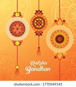 greeting card with decorative set of rakhi hanging for raksha bandhan, indian festival for brother and sister bonding celebration vector illustration design