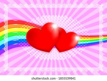 Greeting card dedicated to the day of love. Two red hearts with shadows and bright highlights, wavy rainbow. White openwork frame on a pink background. EPS10