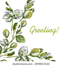 Greeting card with delicate flowers of yellow-green shades. A beautiful bouquet of flowers drawn by hand