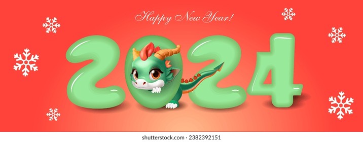 Greeting Card Design. 2024- 3D digits with a cute cartoon dragon