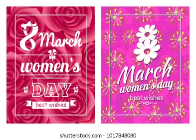 Greeting card design 8 March template day postcards with flourish elements, calligraphic inscription on ribbon vector on background with flowers