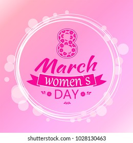 Greeting card design 8 March template day postcard flourish elements in round blurred frame calligraphic inscription and text written on ribbon vector