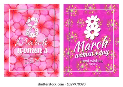 Greeting card design 8 March template day postcards with flourish elements, calligraphic inscription on ribbon vector on background with flowers
