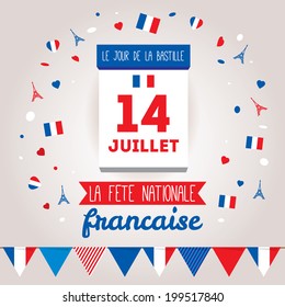 Greeting card design for The Bastille Day fourteen of July. Stylish vector modern illustration and design elements