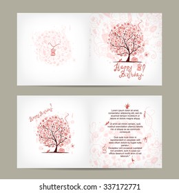 Greeting card design, birthday tree. Vector illustration