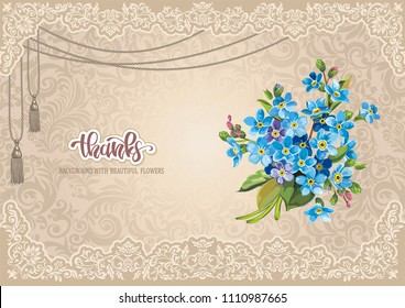 Greeting card for design with blossoming blue Forget-me-not flowers. Beautiful bouquet on vintage background