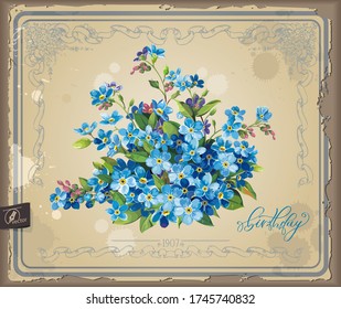 Greeting card for design with blossoming blue Forget-me-not flowers. Beautiful bouquet on vintage background