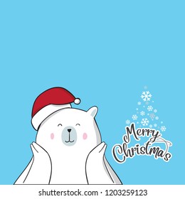 greeting card design in blue colors, Christmas illustration of a polar bear with Christmas hat.