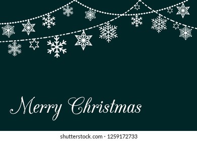 Greeting card design with border from hanging white various snowflakes and stars in simple flat retro style on chain on dark green background. Frame with snow elements for a Christmas card. EPS10