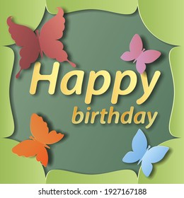 Greeting card design with butterflies in cut paper style.