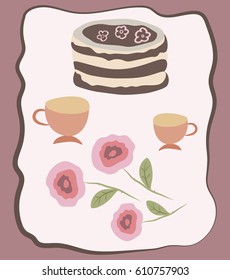 Greeting card design  with cake, cups and roses. Vector. 