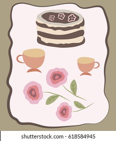 Greeting card design  with cake, cups and roses. Vector. 