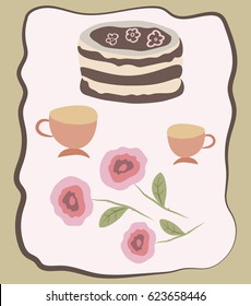 Greeting card design  with cake, cups and roses. Vector. 