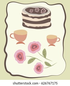 Greeting card design  with cake, cups and roses. Vector. 