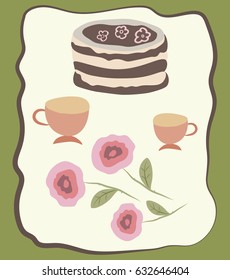 Greeting card design  with cake, cups and roses. Vector. 