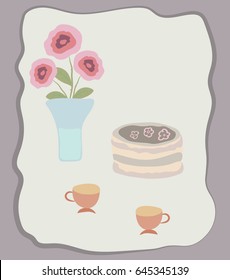 Greeting card design  with cake, cups and roses. Vector. 