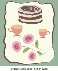 Greeting card design  with cake, cups and roses. Vector. 