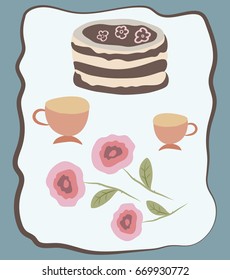 Greeting card design  with cake, cups and roses. Vector. 