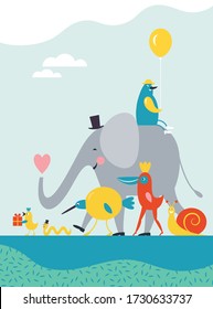 Greeting card design. Children illustrations style. Happy Birthday card . Have a nice day card. Gift card.
