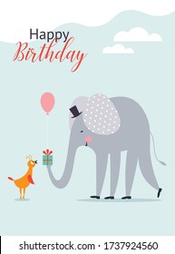 Greeting card design. Children illustrations style. Happy Birthday card . Good for other events. Have a nice day card. Gift card. Cute little bird and big elephant.