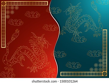 Greeting card design Chinese paper cut background divided into two halves, the balance sign, two Golden dragon on the clouds